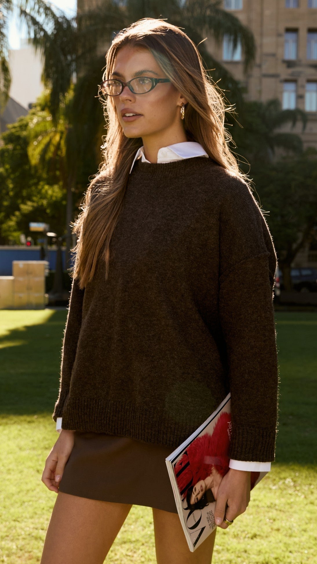 Haven Oversized Crew Neck Exposed Seam Knit Jumper – Chocolate – view 8