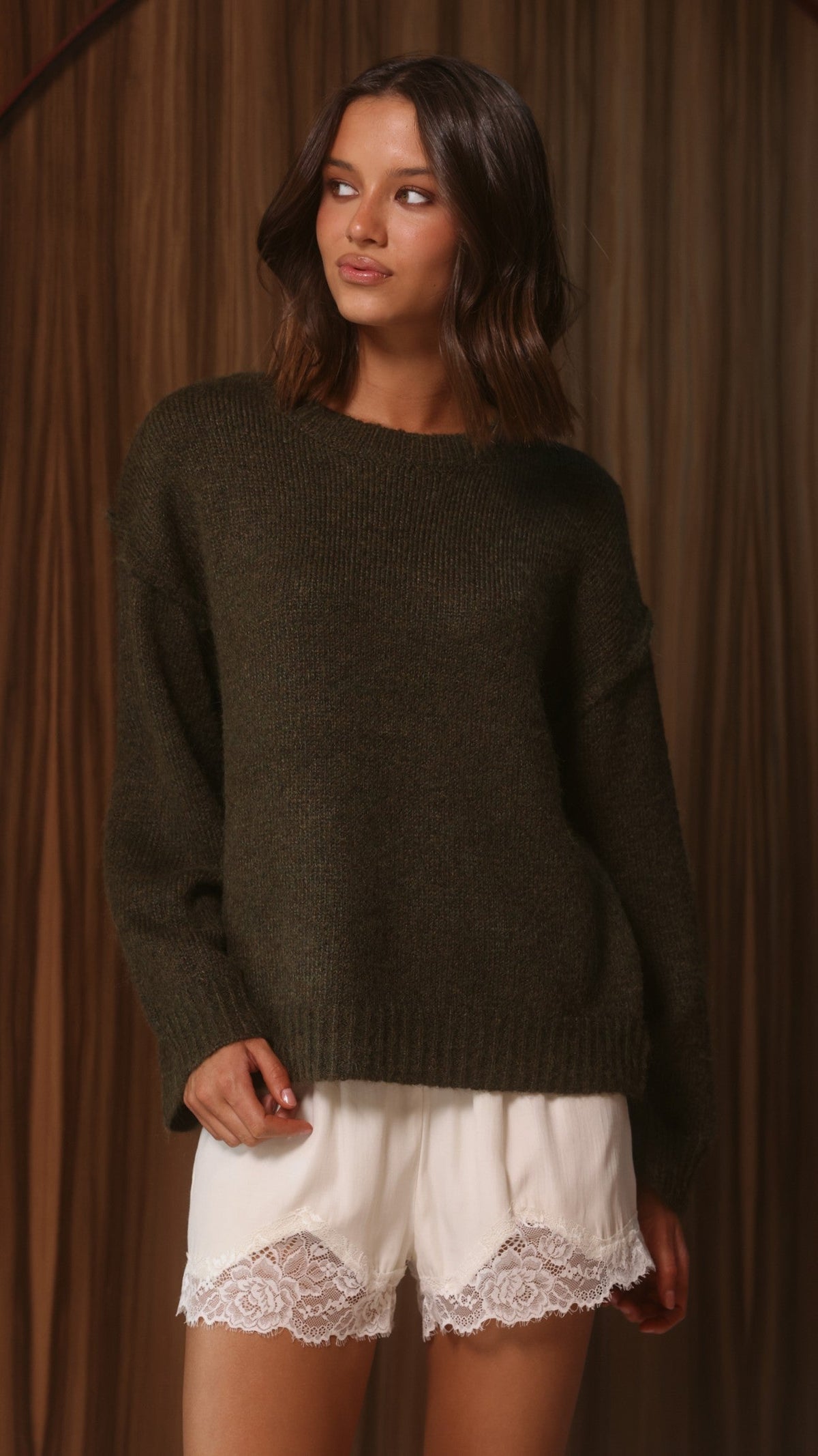 Laura Relaxed Crew Neck Reverse Stitch Knit Jumper – Khaki – view 6