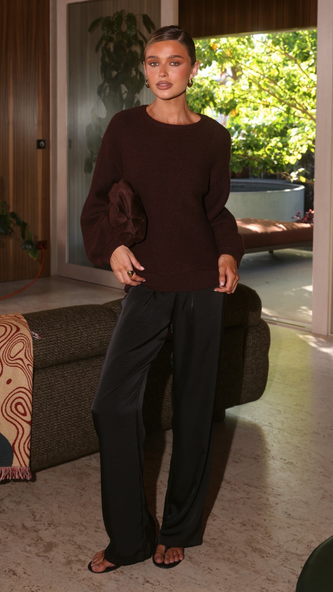 Carmel Crew Neck Balloon Sleeve Knit Jumper – Chocolate – view 5