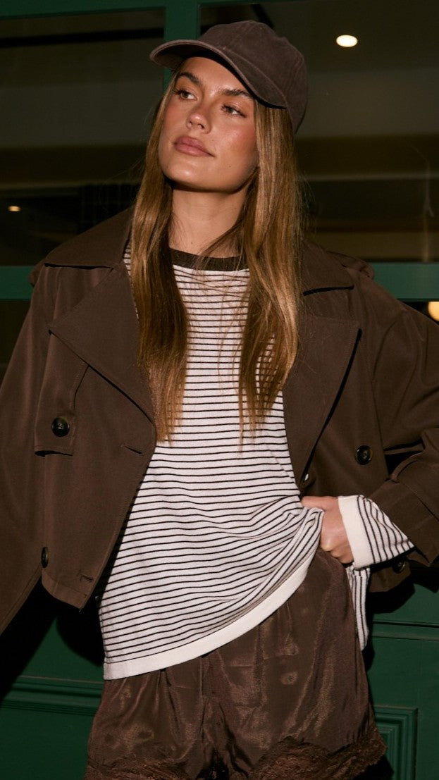Deena Cropped Belted Coat with Collar and Shoulder Straps – Chocolate – view 9