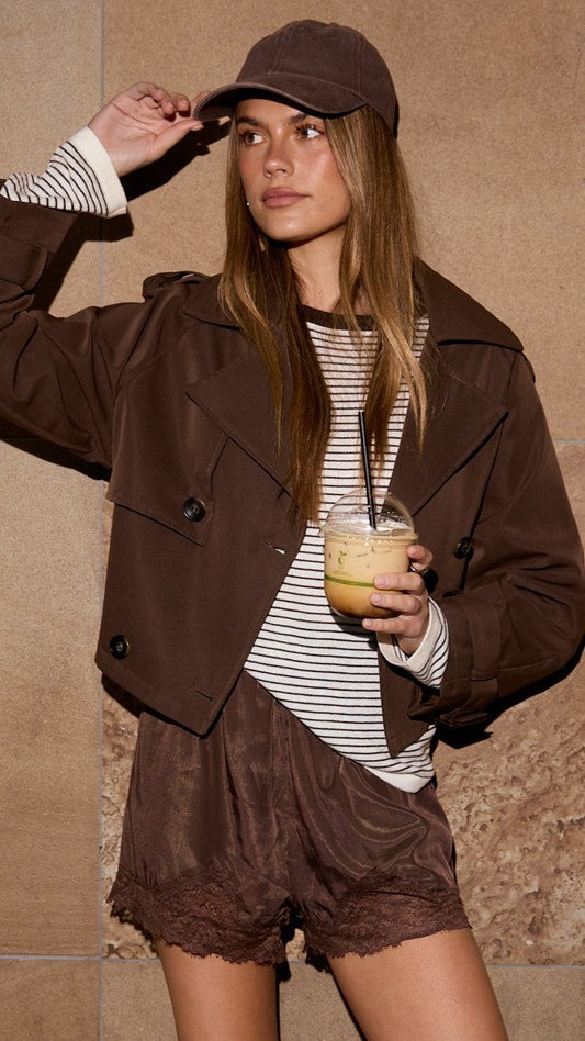 Deena Cropped Belted Coat with Collar and Shoulder Straps – Chocolate – view 2