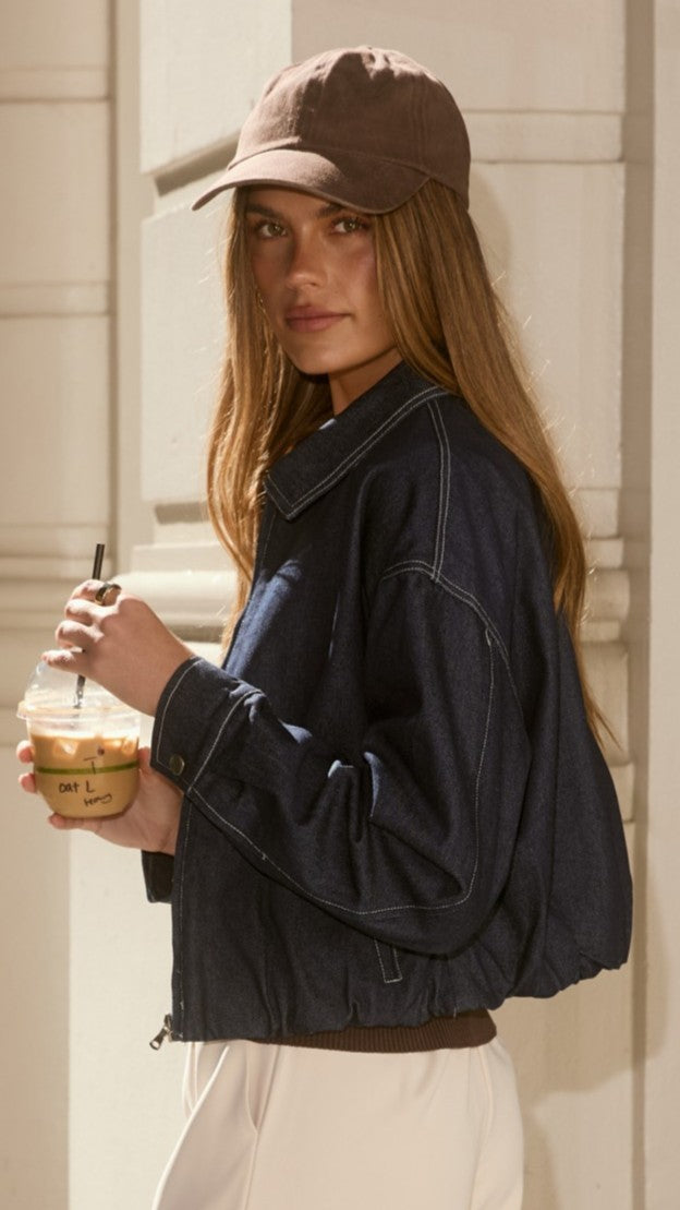 Quinn Collared Zip-Front Jacket with Elasticated Hem – Dark Denim