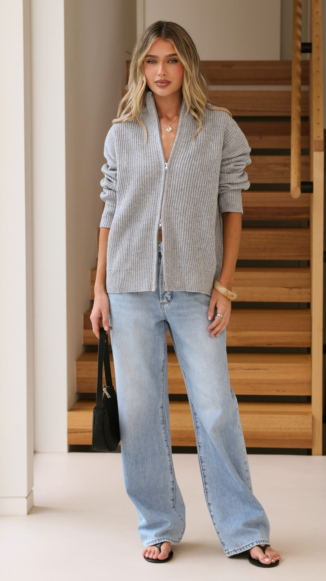 Riley High Neck Double Zip Front Knit Cardigan – Grey – view 9