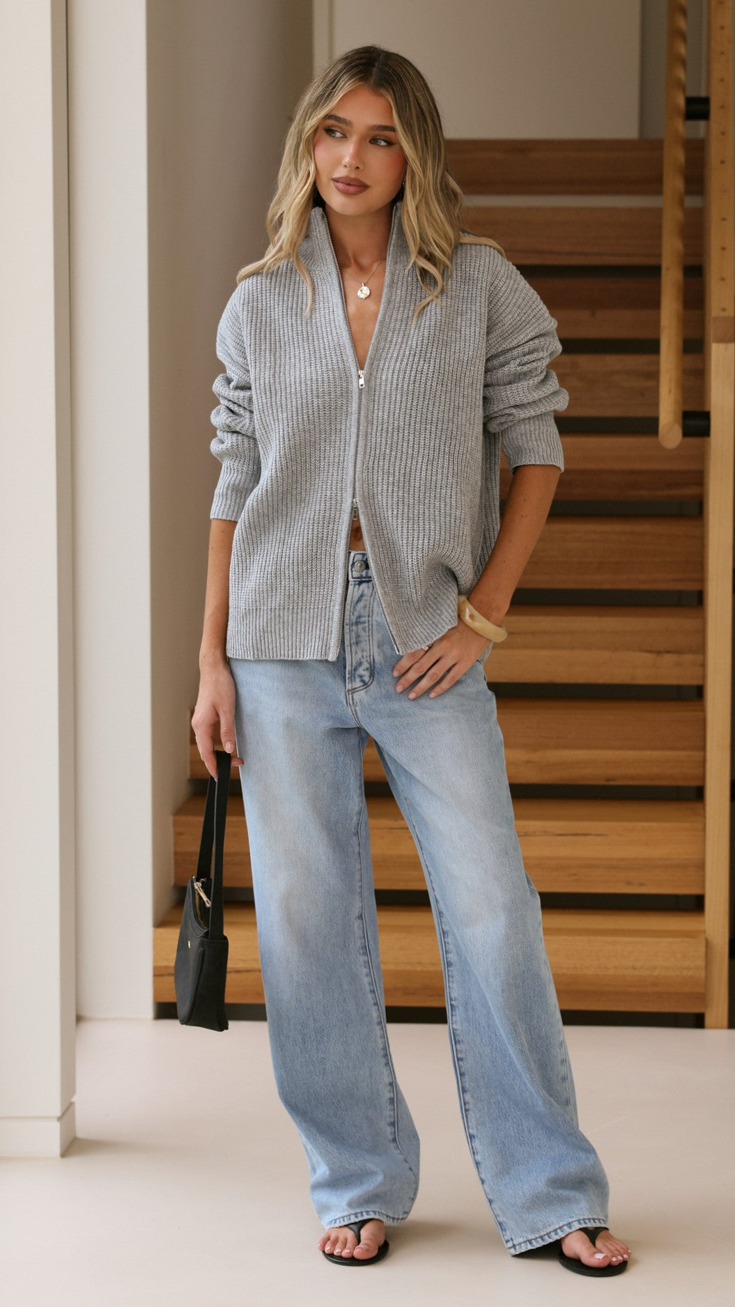 Riley High Neck Double Zip Front Knit Cardigan – Grey – view 5