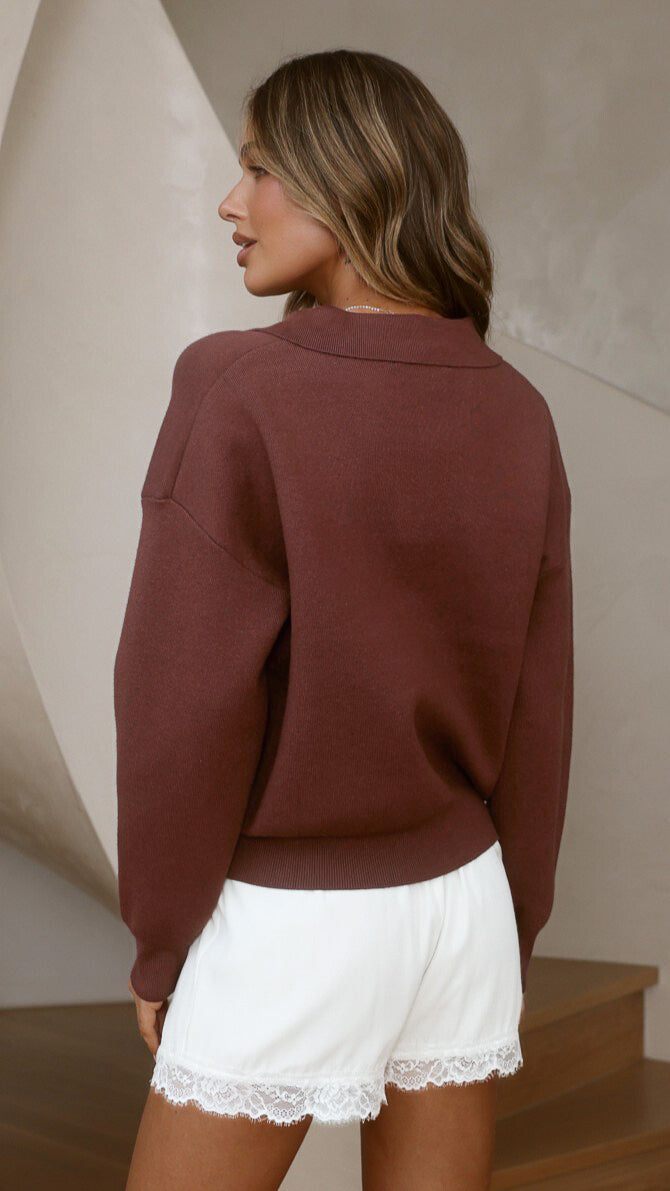 Rylie Collared V Neck Relaxed Knit Jumper – Brown – view 4