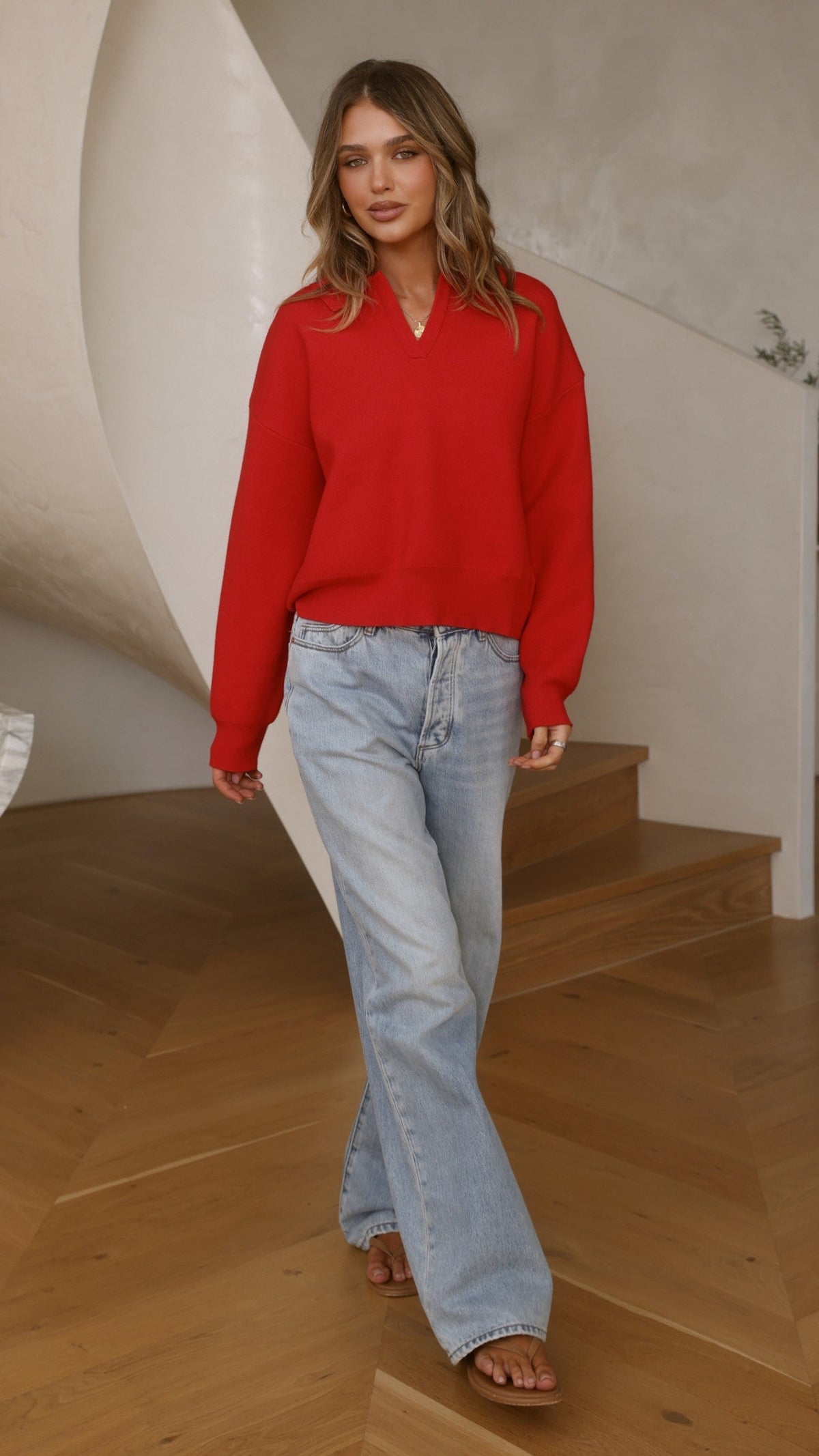 Rylie Collared V Neck Relaxed Knit Jumper – Red