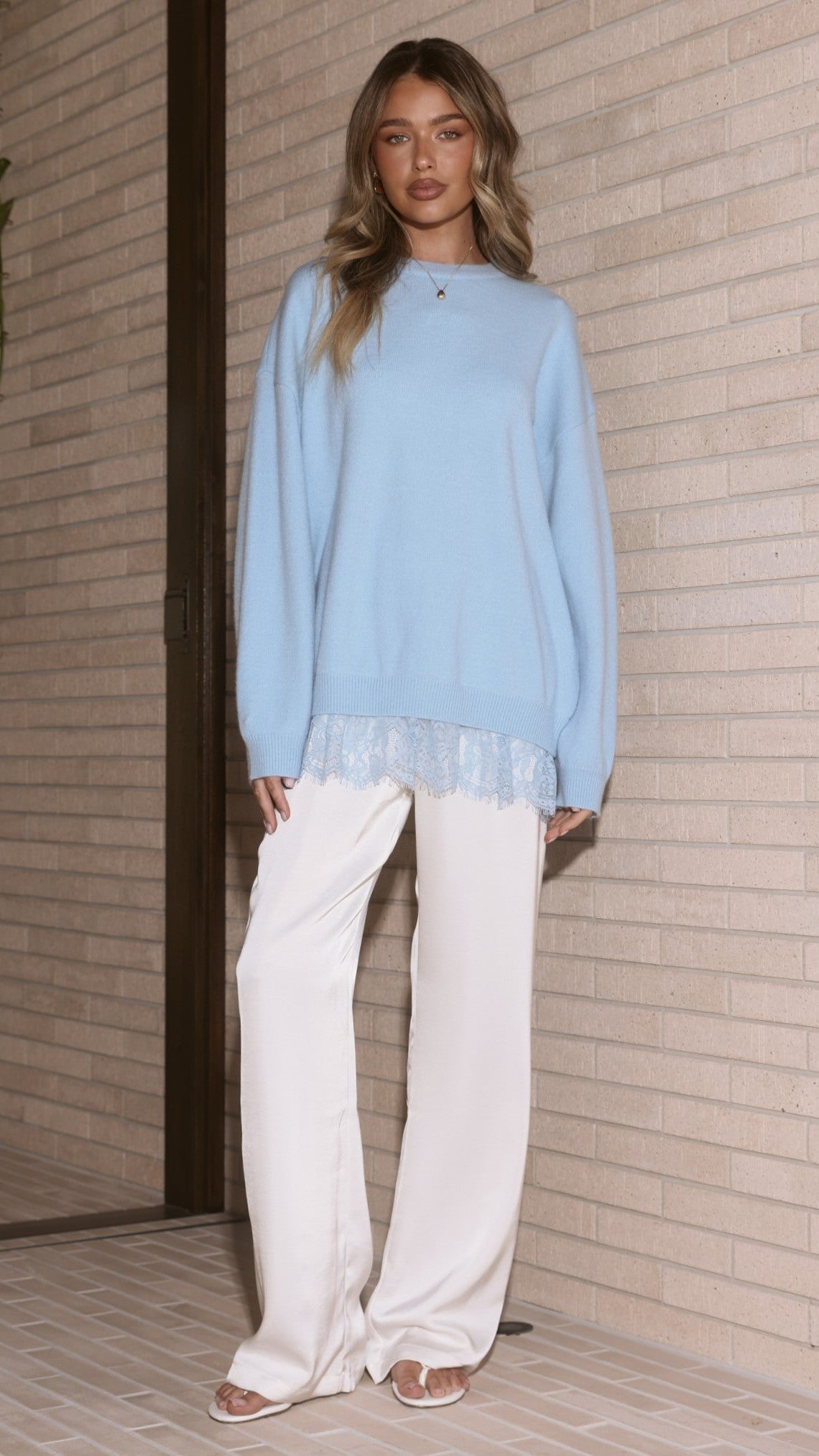 Stevie Crew Neck Longline Jumper with Lace Hem – Blue – view 6