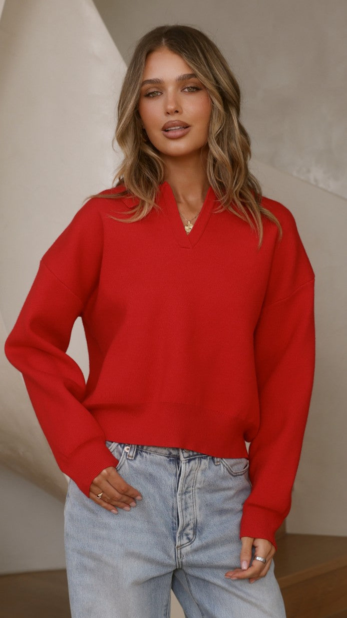Rylie Collared V Neck Relaxed Knit Jumper – Red – view 1
