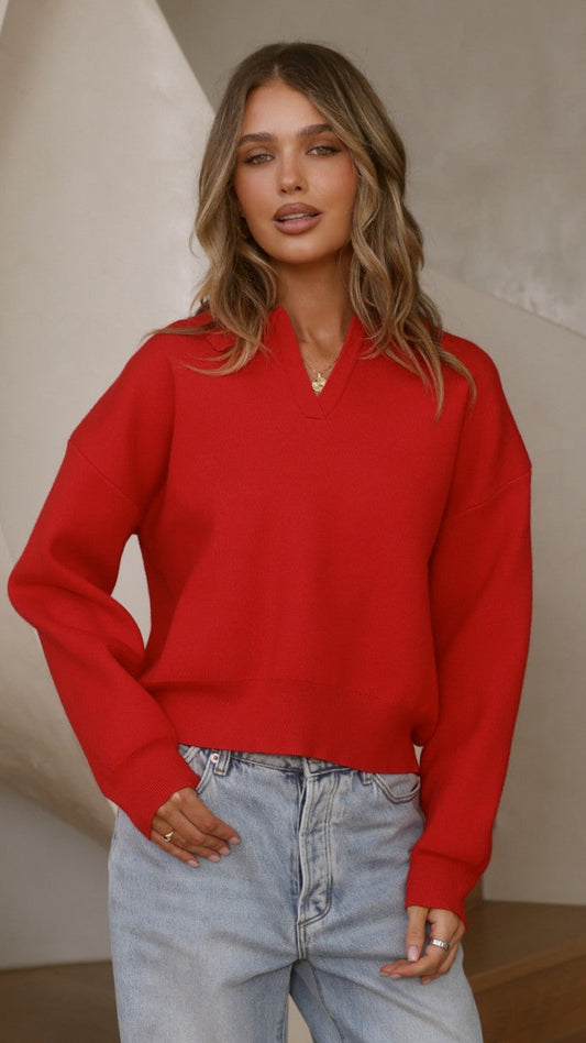 Rylie Collared V Neck Relaxed Knit Jumper – Red
