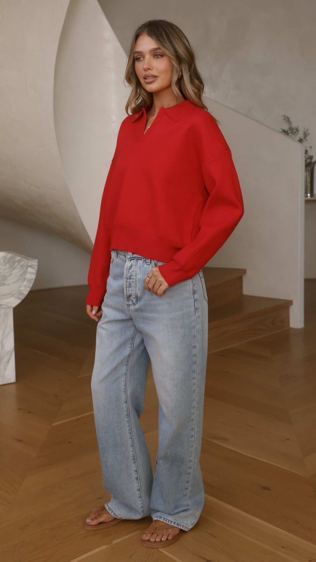 Rylie Collared V Neck Relaxed Knit Jumper – Red – view 3