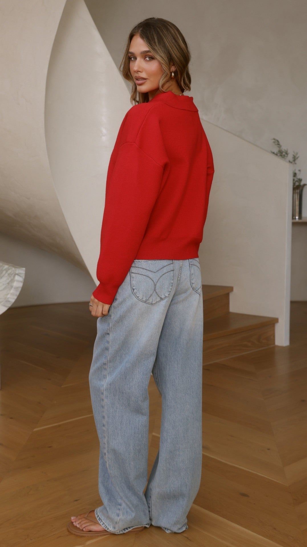 Rylie Collared V Neck Relaxed Knit Jumper – Red – view 4