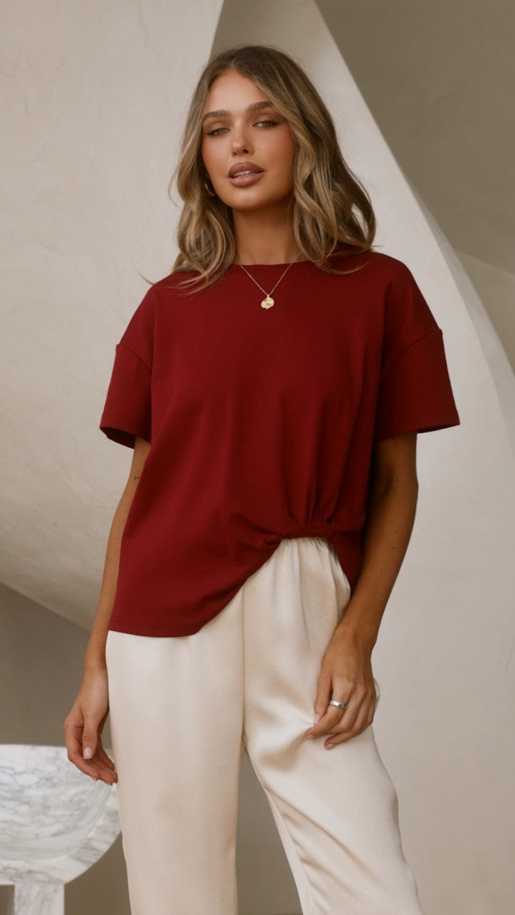 Aria Boxy Crew Neck Tee with Pleated Front Gathering – Wine