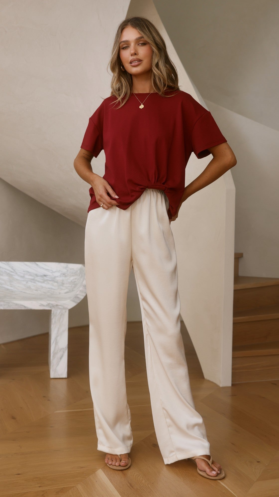 Aria Boxy Crew Neck Tee with Pleated Front Gathering – Wine – view 5