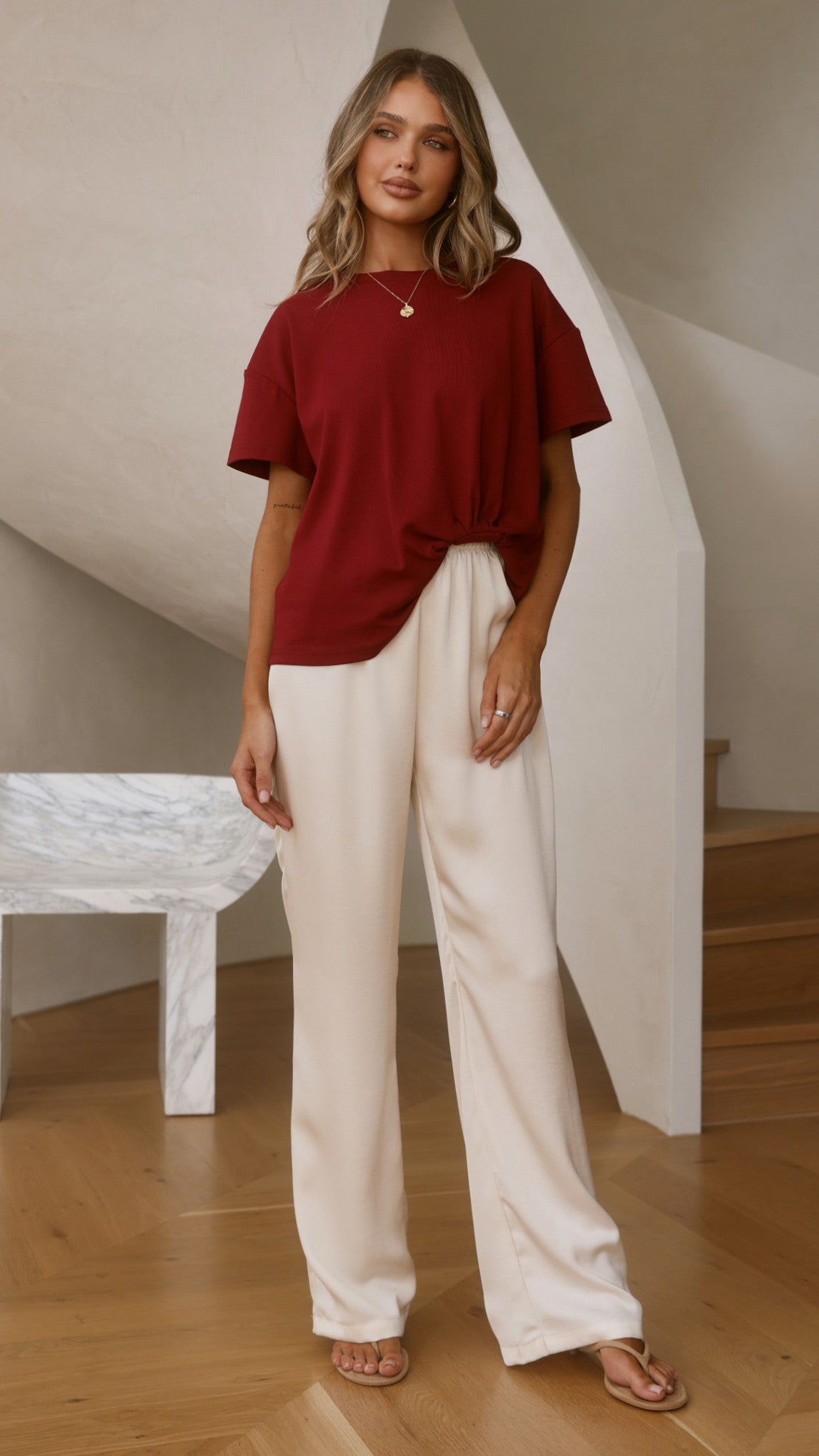 Aria Boxy Crew Neck Tee with Pleated Front Gathering – Wine – view 6