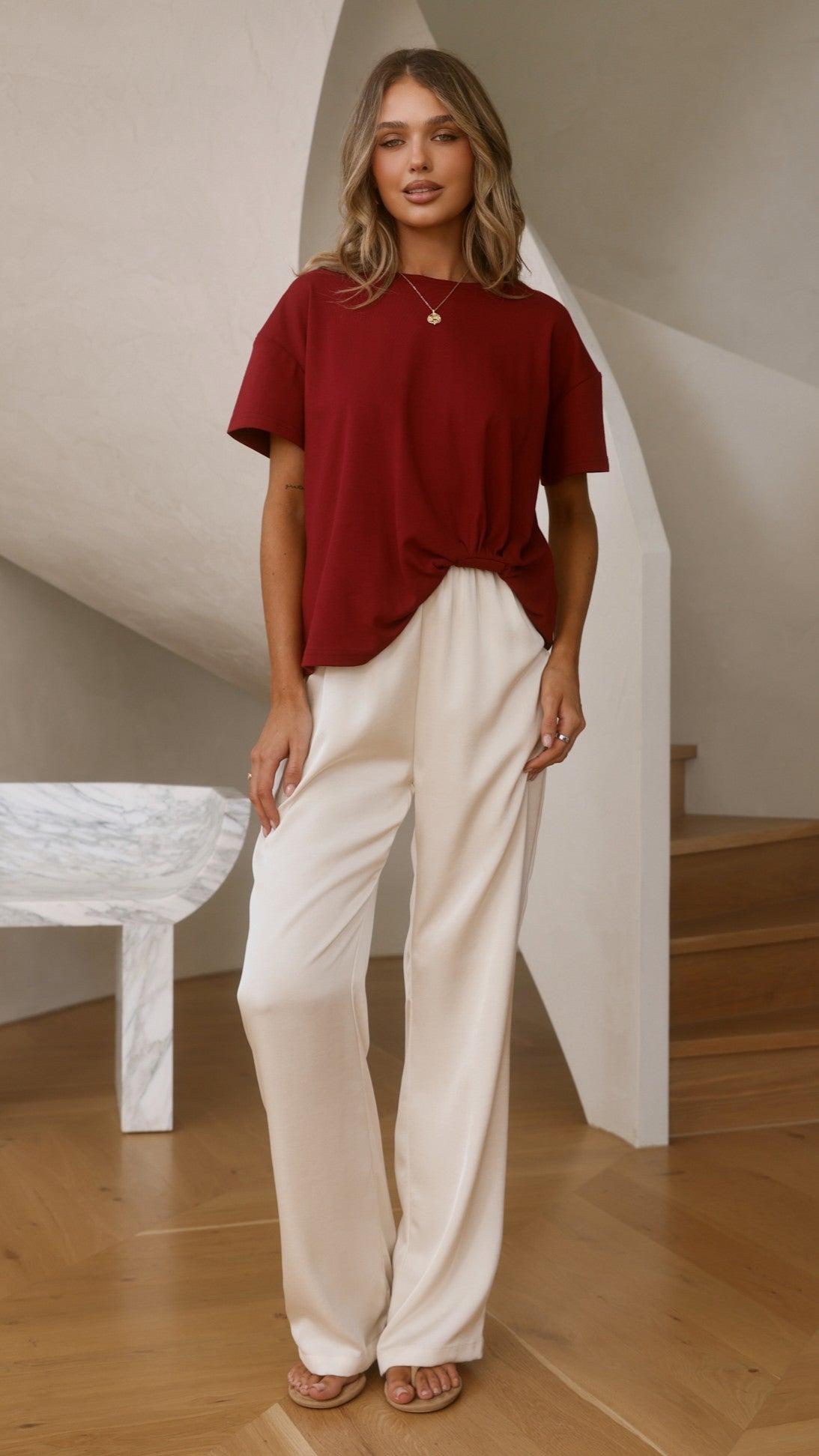 Aria Boxy Crew Neck Tee with Pleated Front Gathering – Wine – view 3
