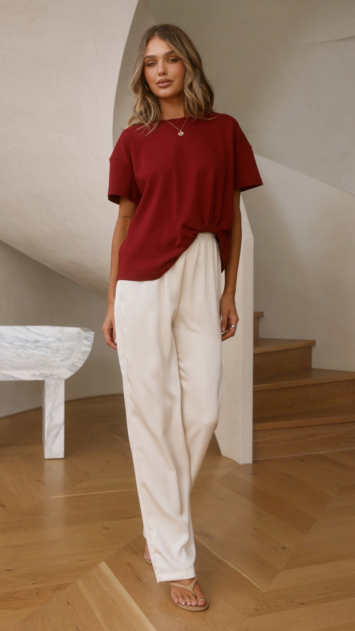 Aria Boxy Crew Neck Tee with Pleated Front Gathering – Wine – view 8