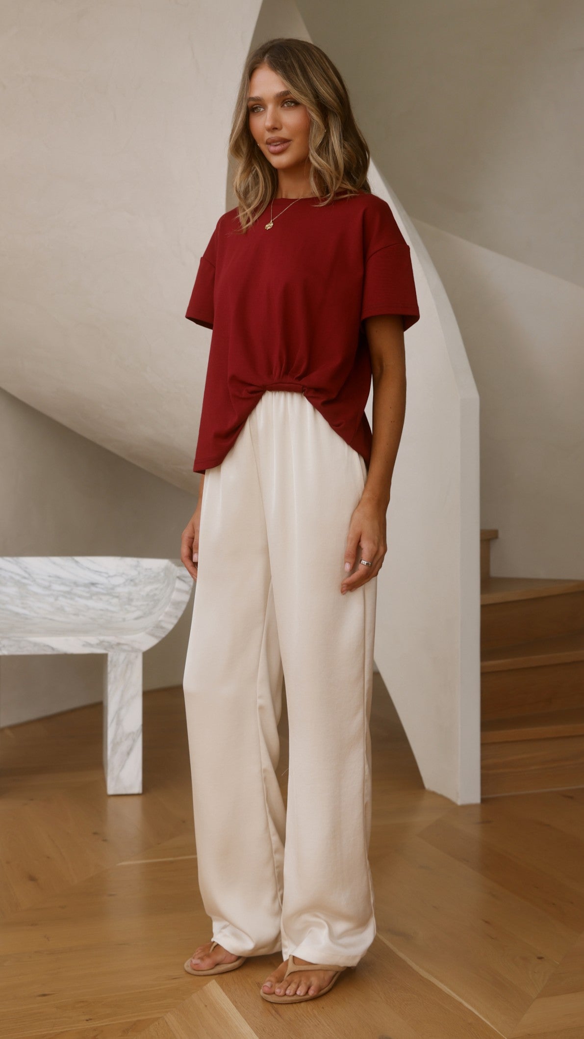 Aria Boxy Crew Neck Tee with Pleated Front Gathering – Wine – view 4