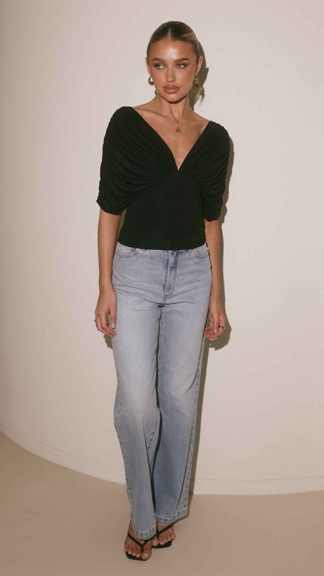Kasia V-Neck Short Bat Sleeve Top with V-Back – Black – view 4