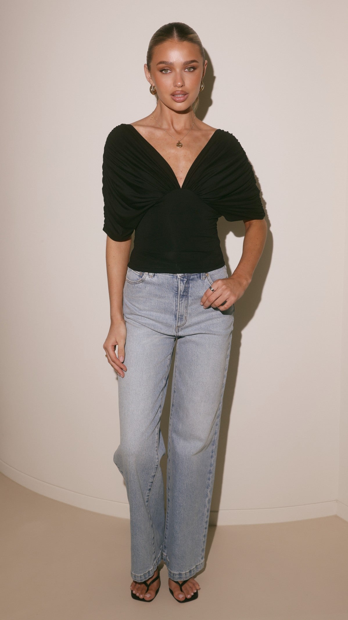 Kasia V-Neck Short Bat Sleeve Top with V-Back – Black – view 6