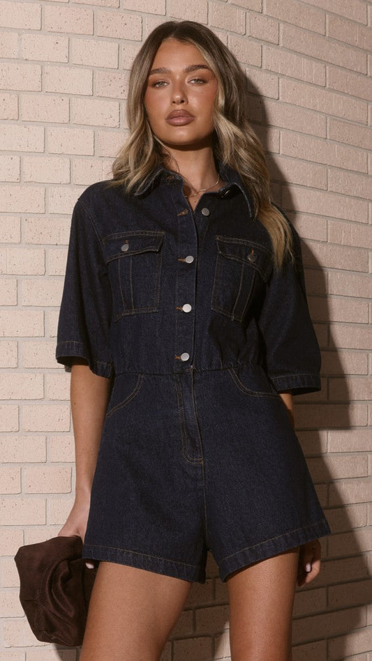 Rayla Collared Short Sleeve Denim Playsuit – Dark Blue