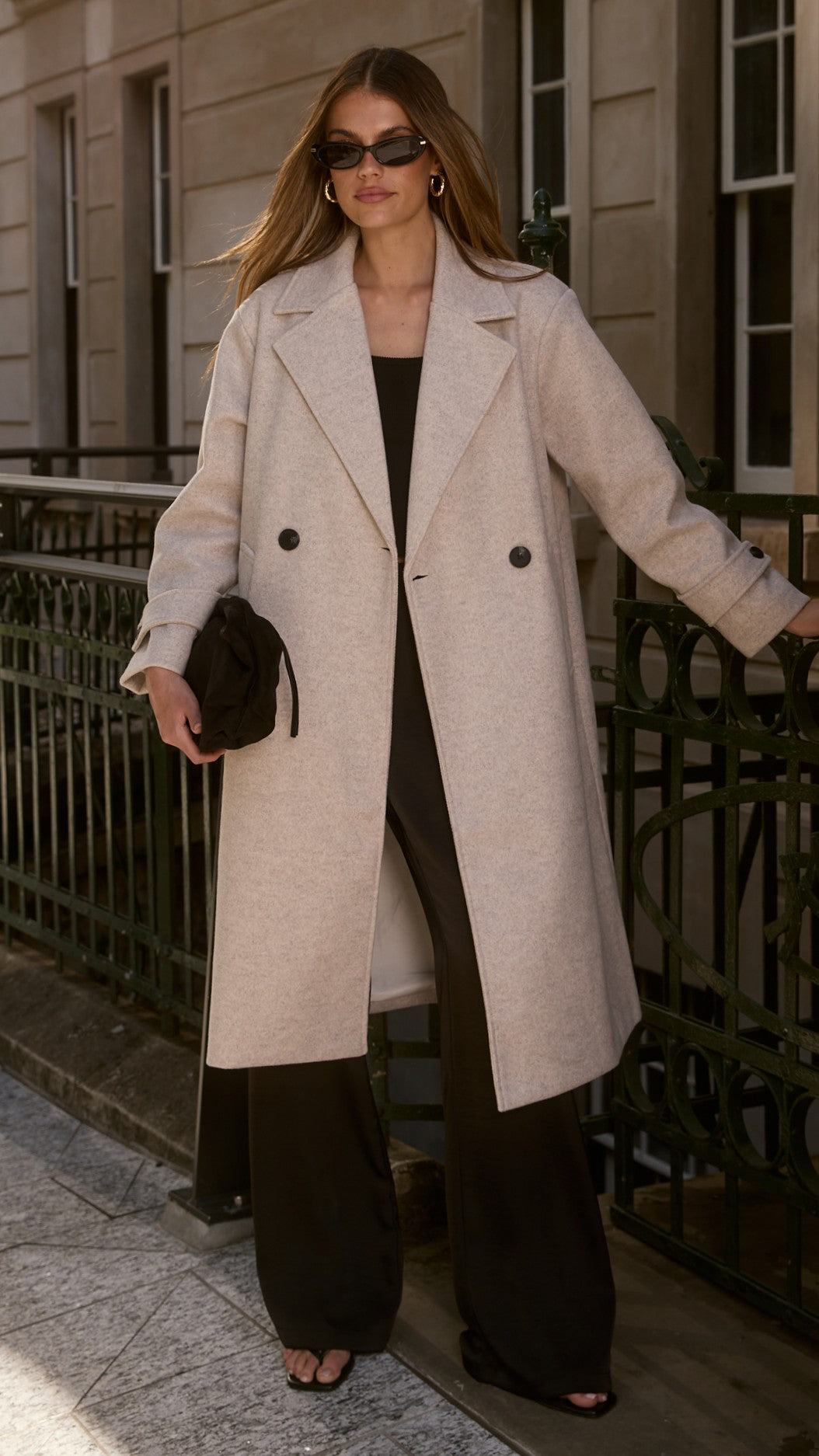 Caspera Longline Coat with Lapel Collar and Cuff Straps – Grey – view 3