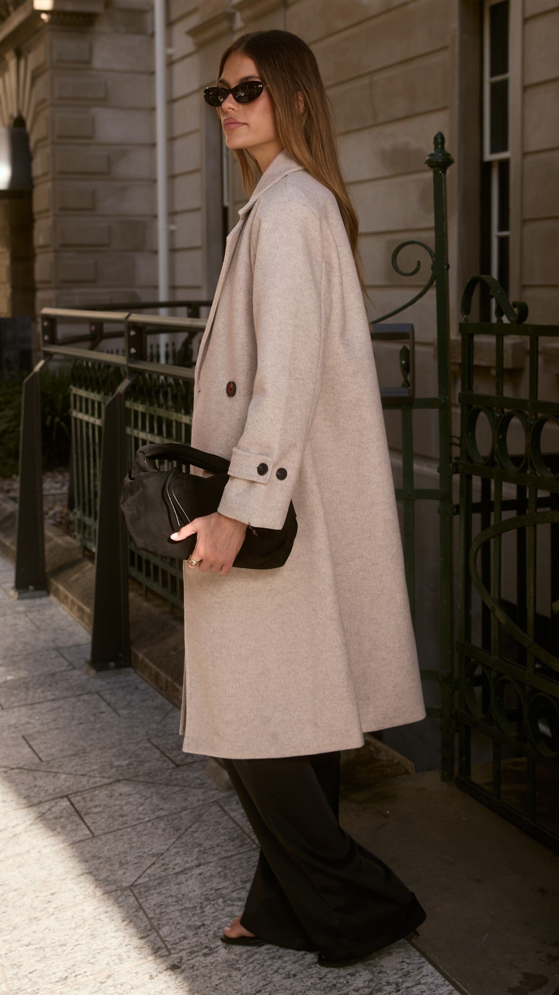 Caspera Longline Coat with Lapel Collar and Cuff Straps – Grey – view 2