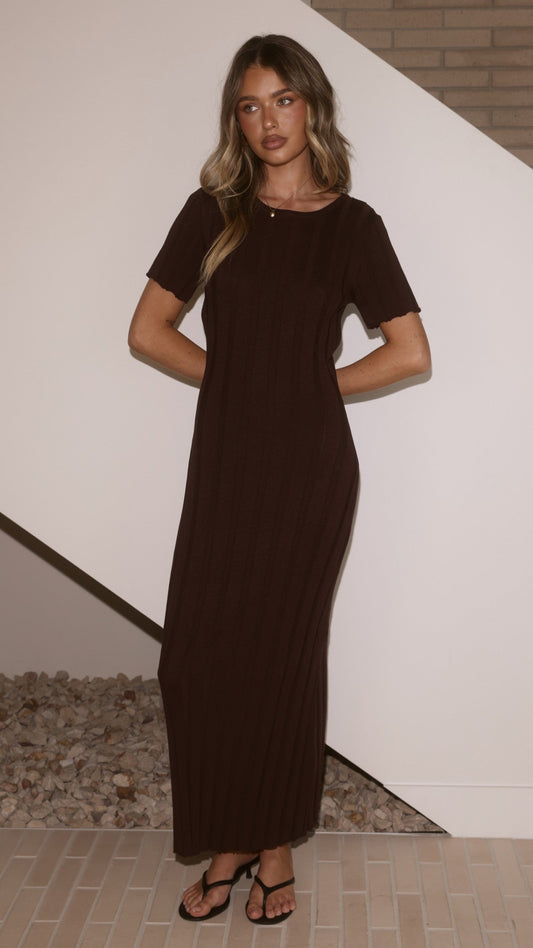 Mari Crew Neck Short Sleeve Ribbed Bodycon Maxi Dress – Chocolate