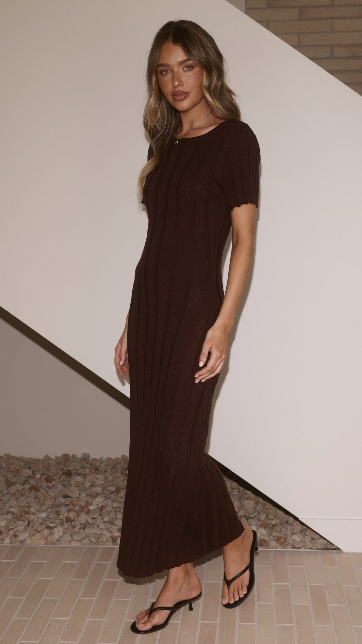 Mari Crew Neck Short Sleeve Ribbed Bodycon Maxi Dress – Chocolate – view 3