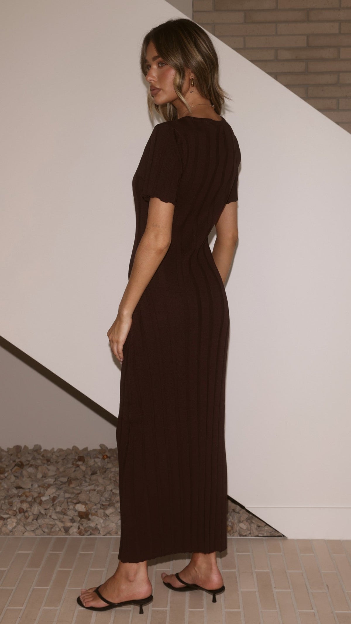 Mari Crew Neck Short Sleeve Ribbed Bodycon Maxi Dress – Chocolate – view 2