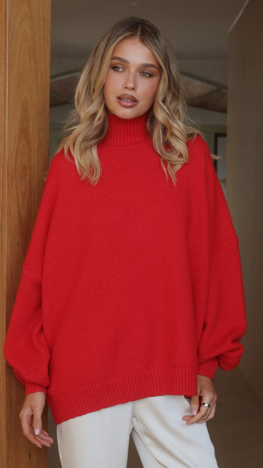 Harita Turtleneck Bell Sleeve Boxy Knit Jumper – Red