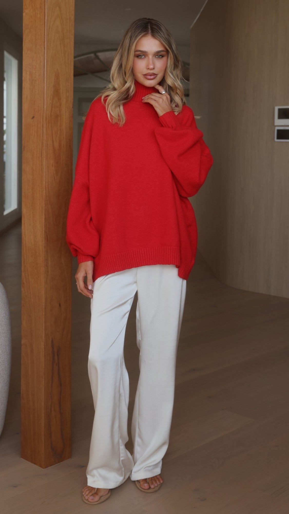 Harita Turtleneck Bell Sleeve Boxy Knit Jumper – Red – view 4