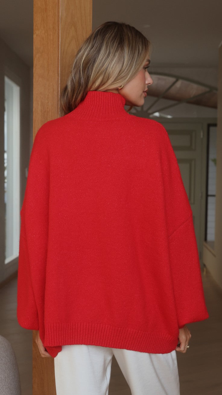 Harita Turtleneck Bell Sleeve Boxy Knit Jumper – Red – view 2