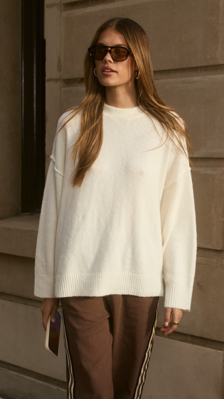 Haven Oversized Crew Neck Exposed Seam Knit Jumper – Cream – view 1