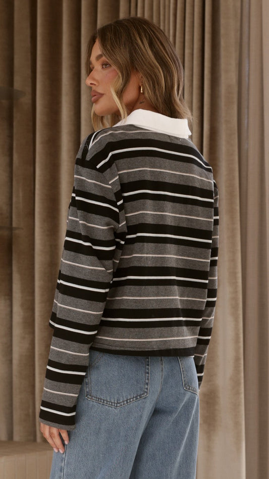 Gianna Collared Button V-Neck Relaxed Long Sleeve Top – Grey Stripe – view 2