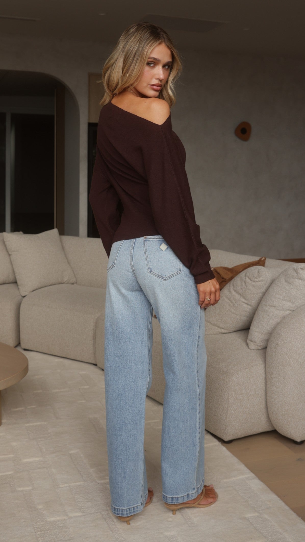 Eleora Asymmetrical Long Sleeve Knit Top with Side Split – Brown – view 4