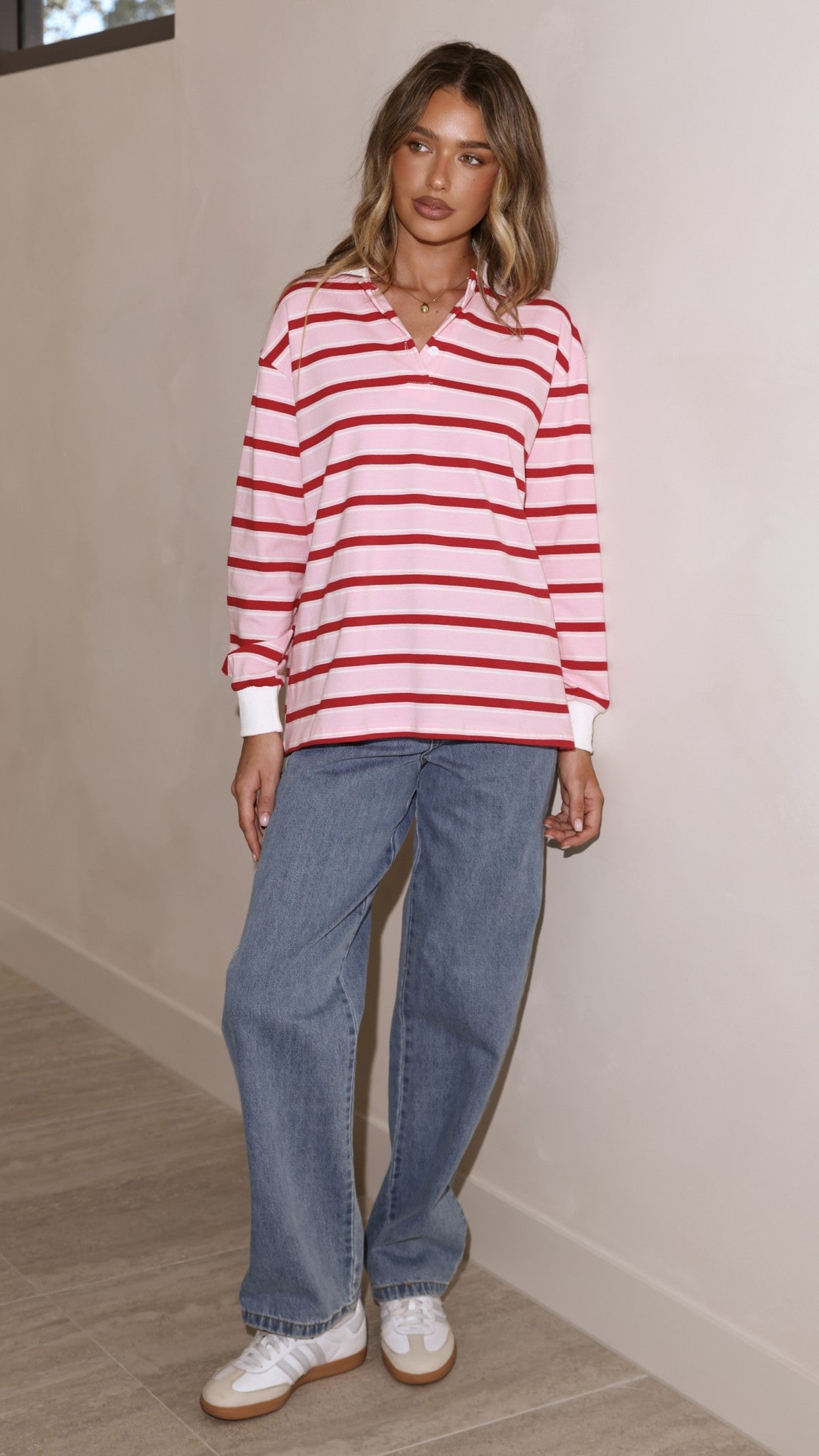 Jayana Collared Jersey Top with Button V-Neck – Red/Pink Stripe