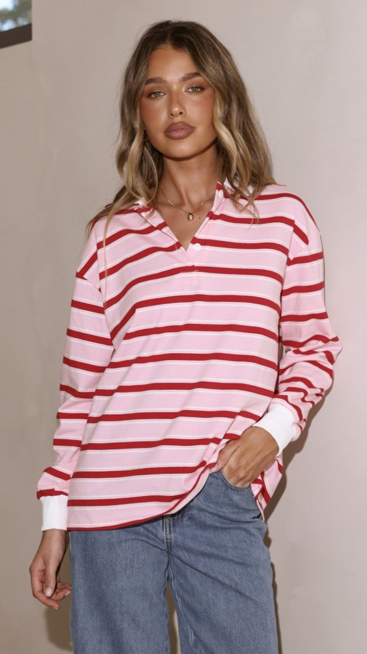 Jayana Collared Jersey Top with Button V-Neck – Red/Pink Stripe