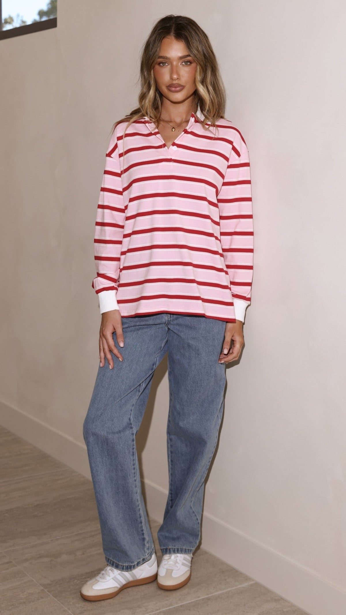 Jayana Collared Jersey Top with Button V-Neck – Red/Pink Stripe
