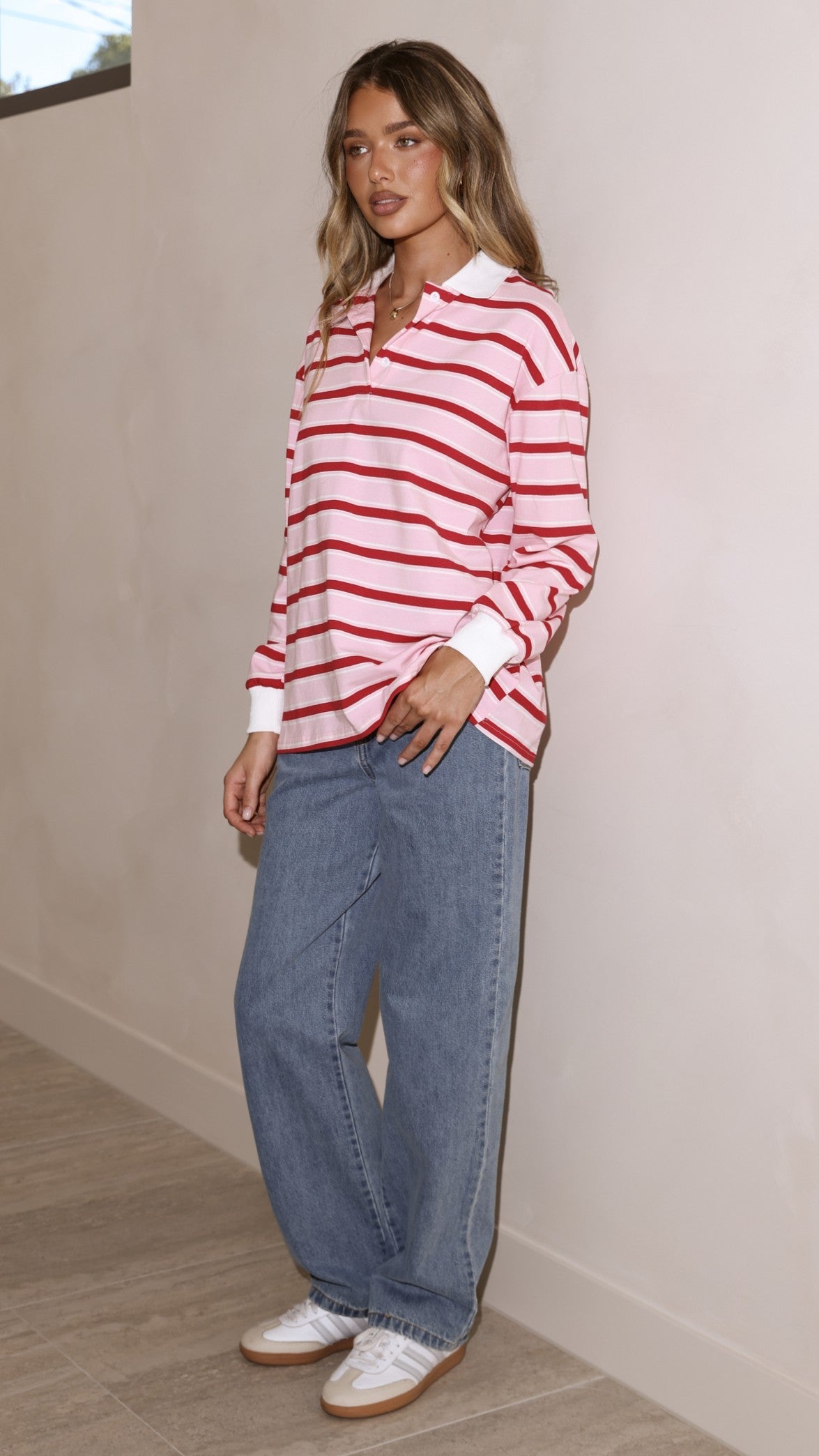 Jayana Collared Jersey Top with Button V-Neck – Red/Pink Stripe