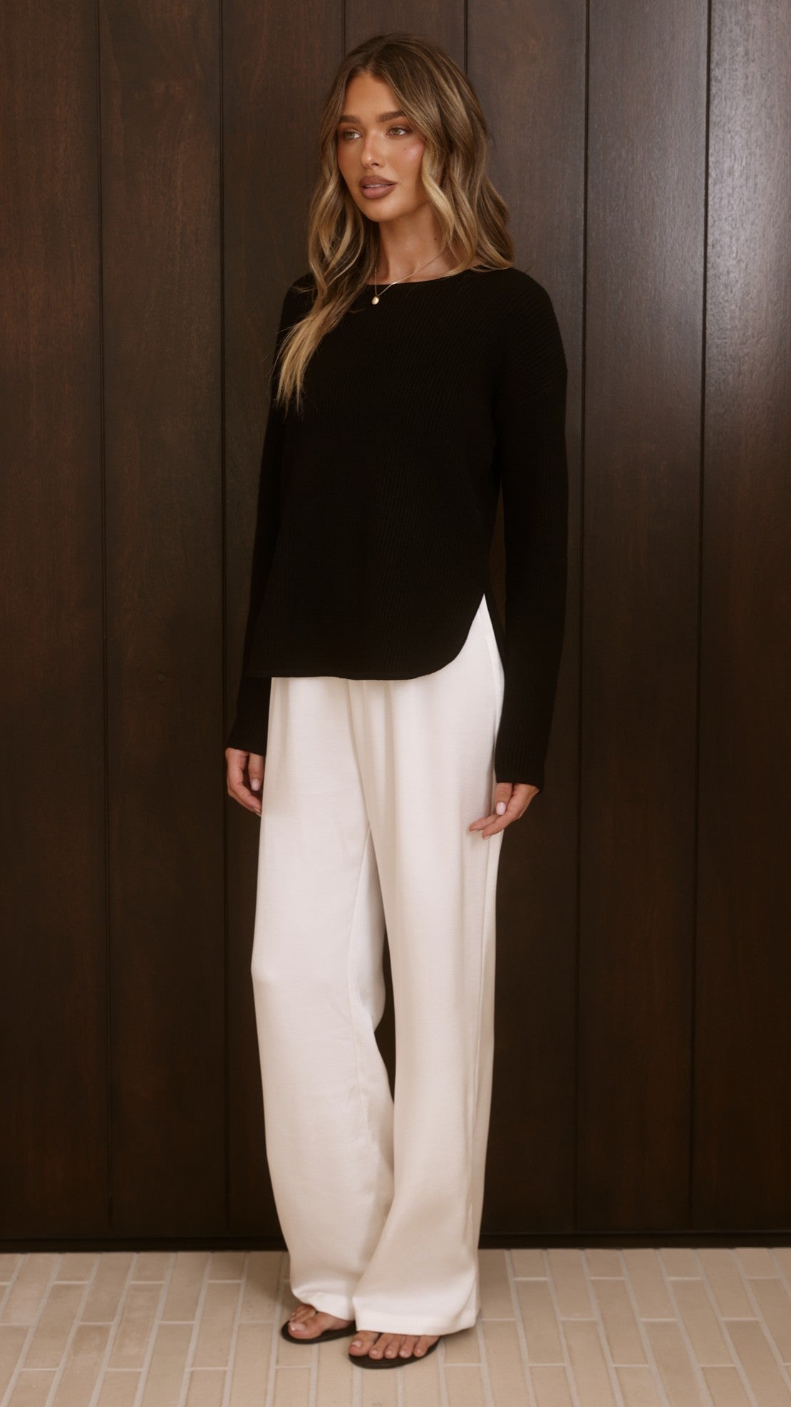 Kennedy Relaxed Crew Neck Rib Knit Jumper with Side Splits – Black