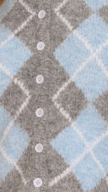 Amara Crew Neck Button-Up Cardigan with Diamond Print – Grey/Blue – view 8