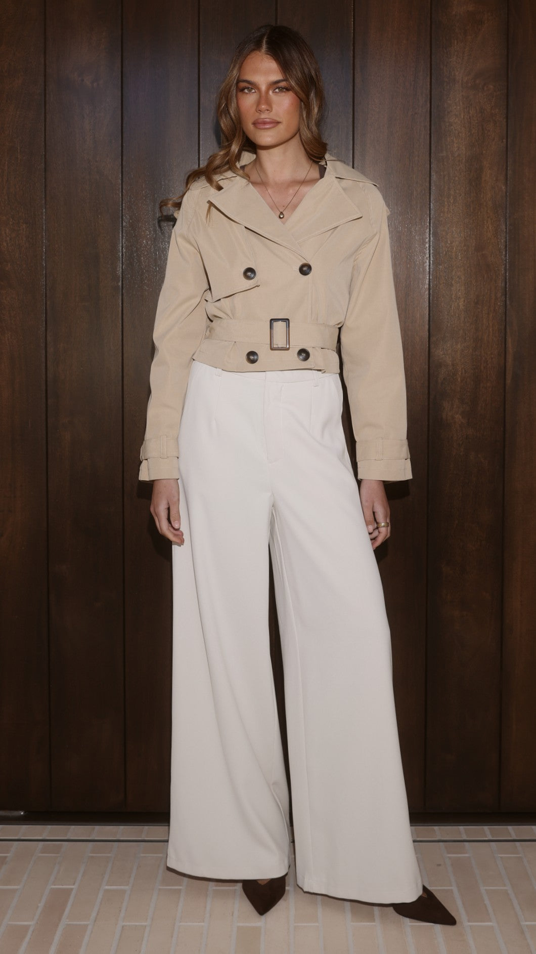 Deena Cropped Belted Coat with Collar and Shoulder Straps – Beige