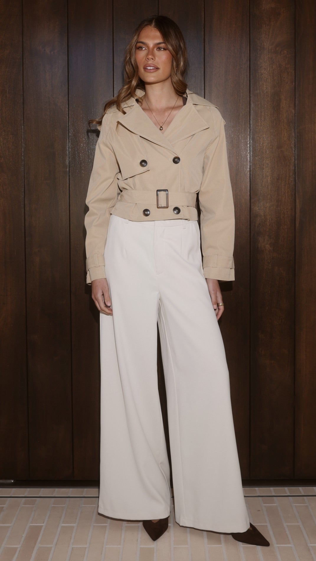 Deena Cropped Belted Coat with Collar and Shoulder Straps – Beige – view 3