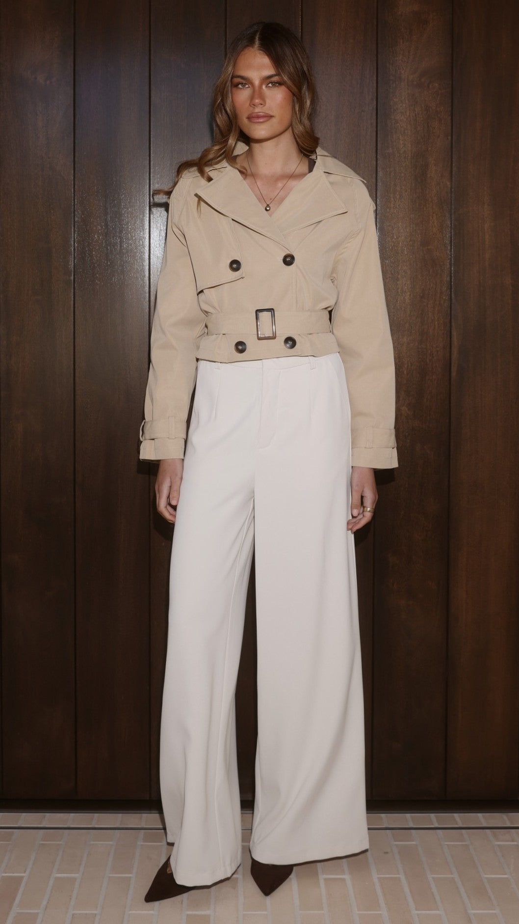 Deena Cropped Belted Coat with Collar and Shoulder Straps – Beige