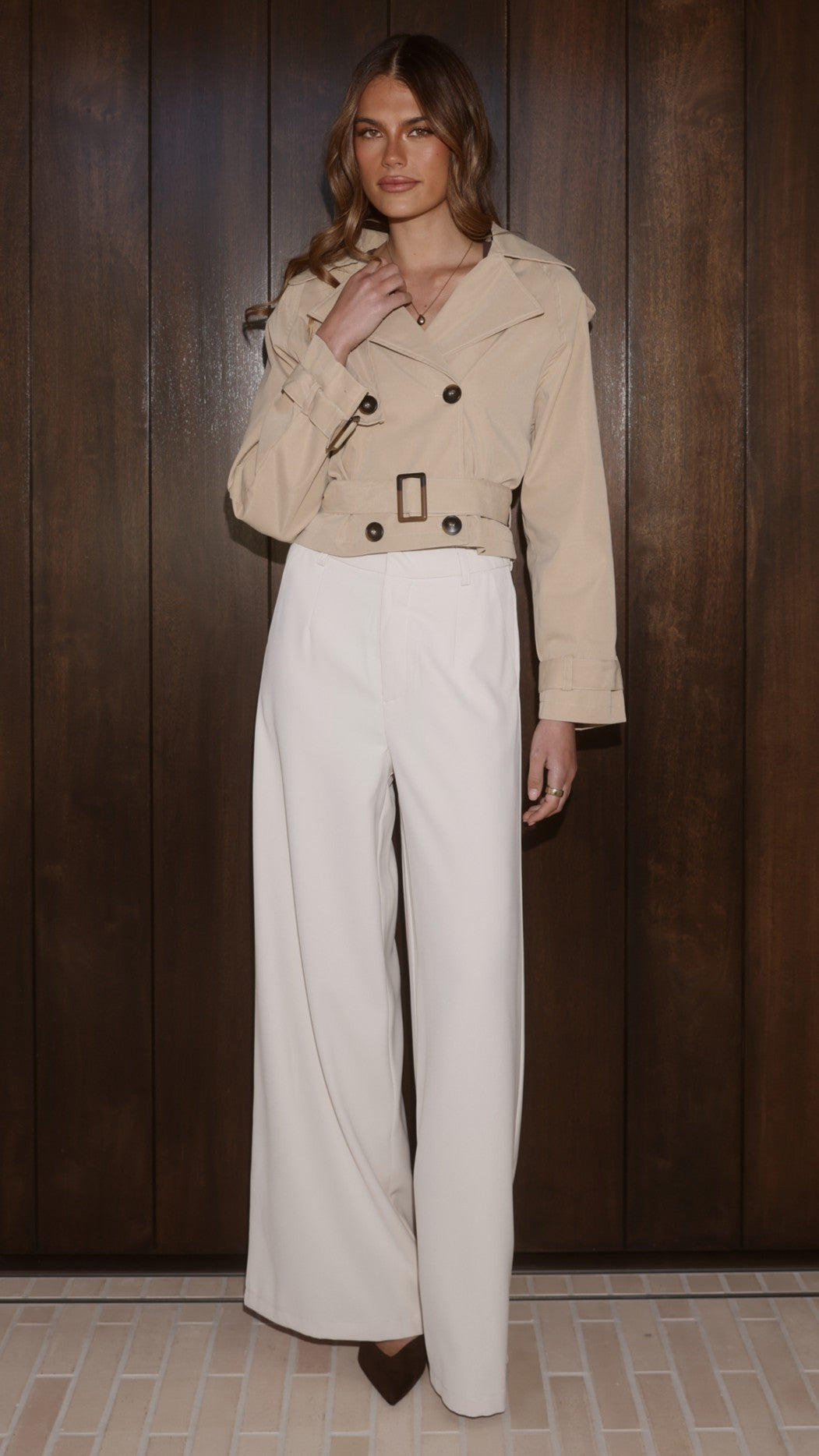 Deena Cropped Belted Coat with Collar and Shoulder Straps – Beige – view 9