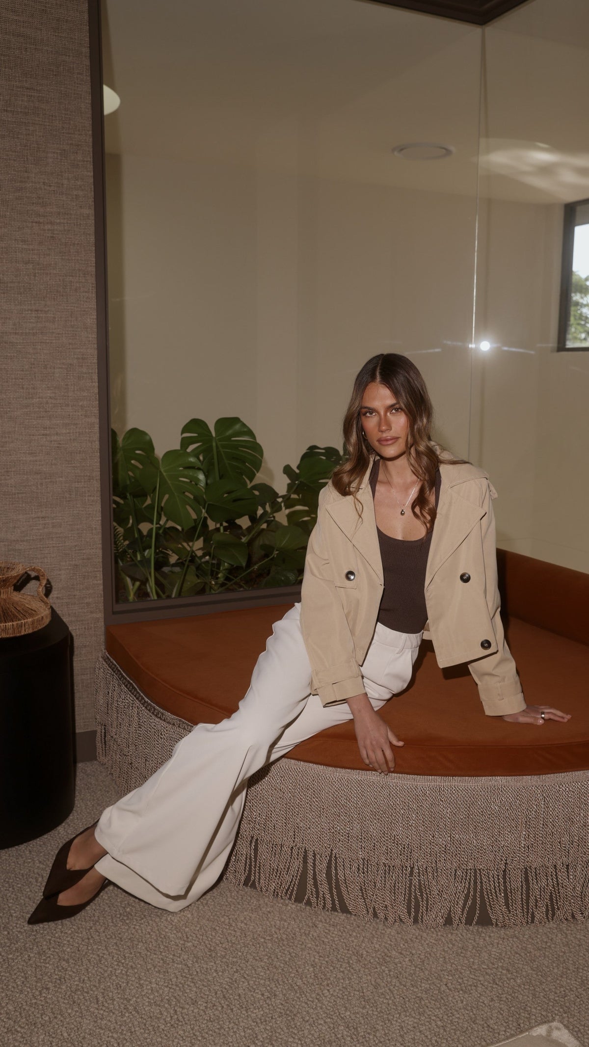 Deena Cropped Belted Coat with Collar and Shoulder Straps – Beige – view 14