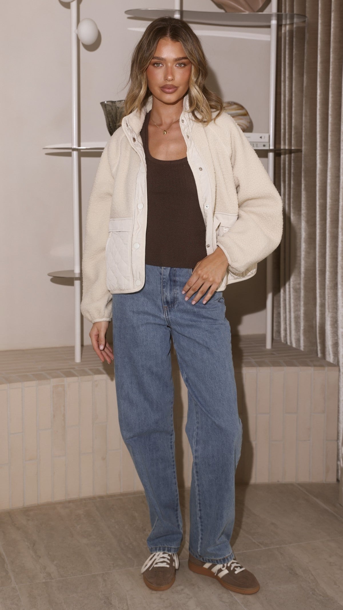 Brier Sherpa Quilted Jacket with High Neck and Press Studs – Cream – view 4