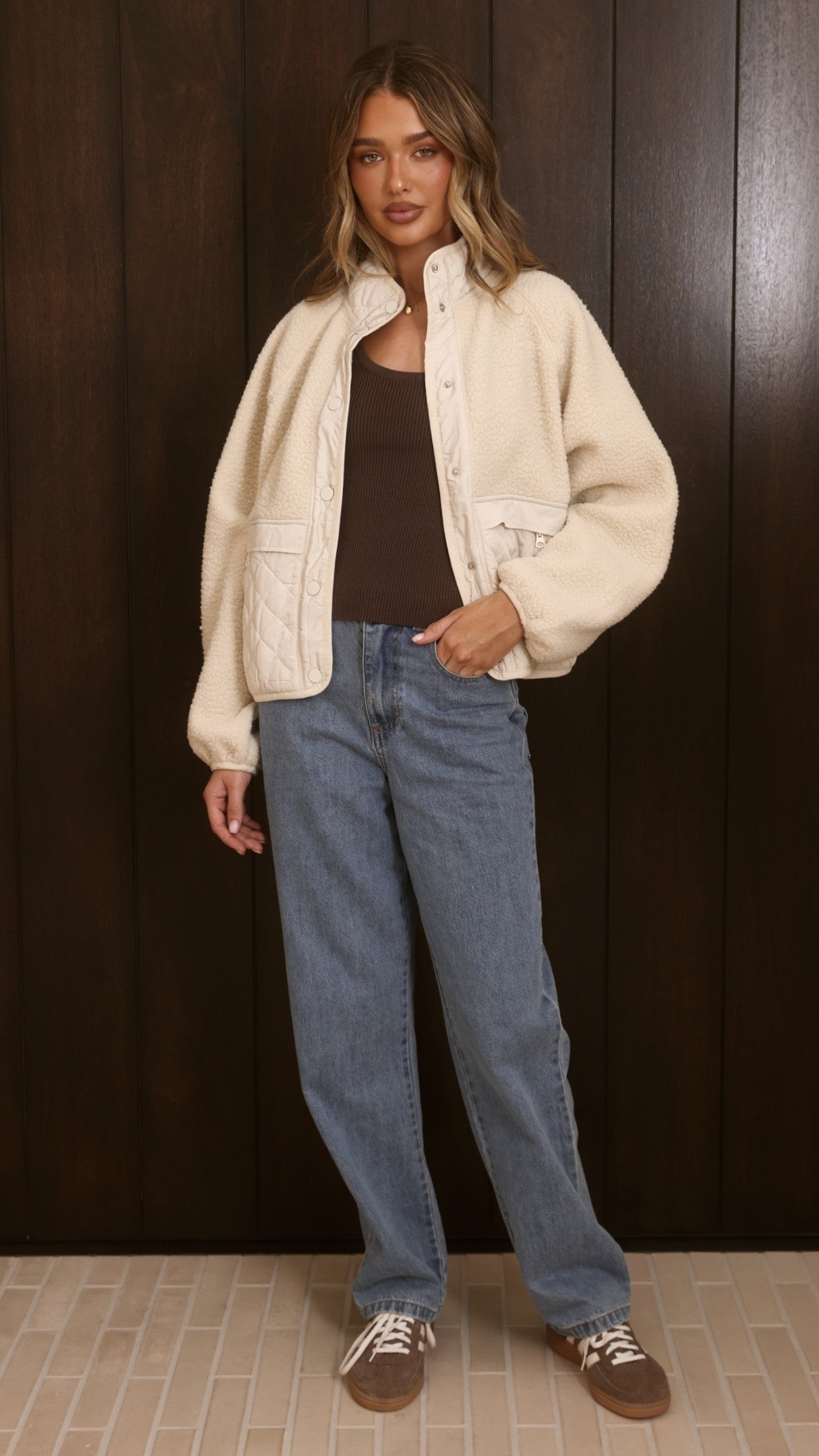 Brier Sherpa Quilted Jacket with High Neck and Press Studs – Cream – view 8