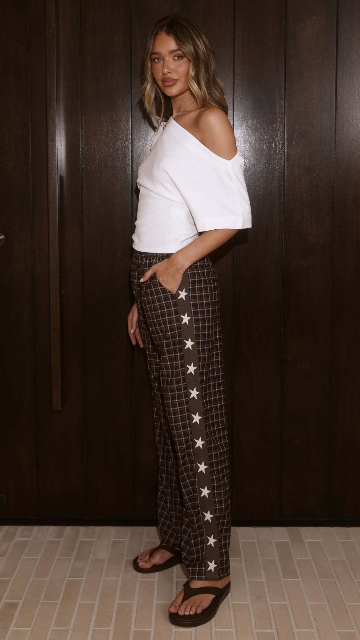 Jaycee High Waisted Straight Leg Cotton Trousers – Chocolate/Blue Gingham Star – view 5