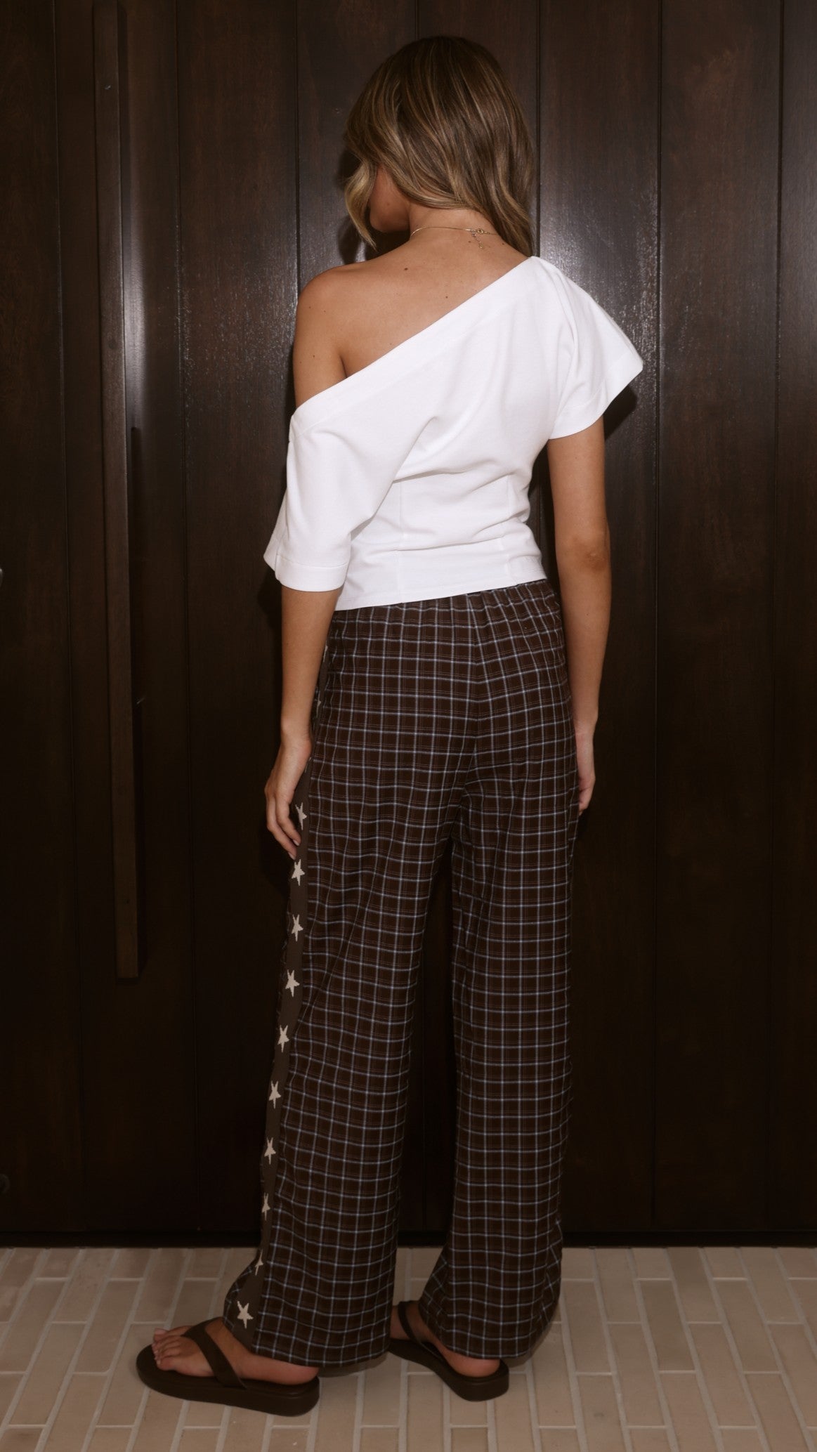 Jaycee High Waisted Straight Leg Cotton Trousers – Chocolate/Blue Gingham Star
